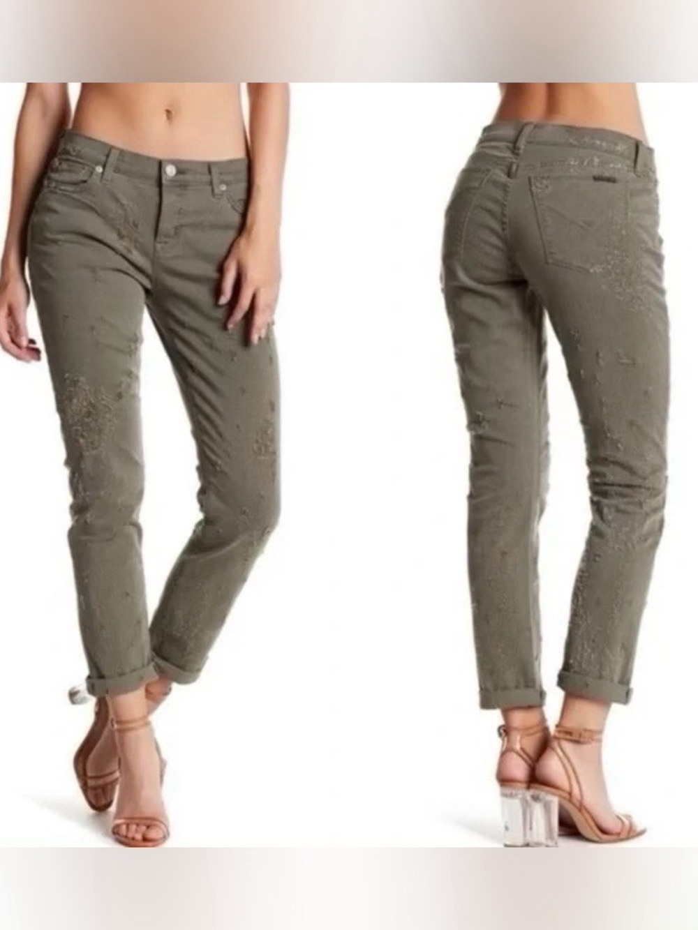 Hudson Loden Green Destructed Distressed Crop Riley Relaxed Straight Jeans NWT
